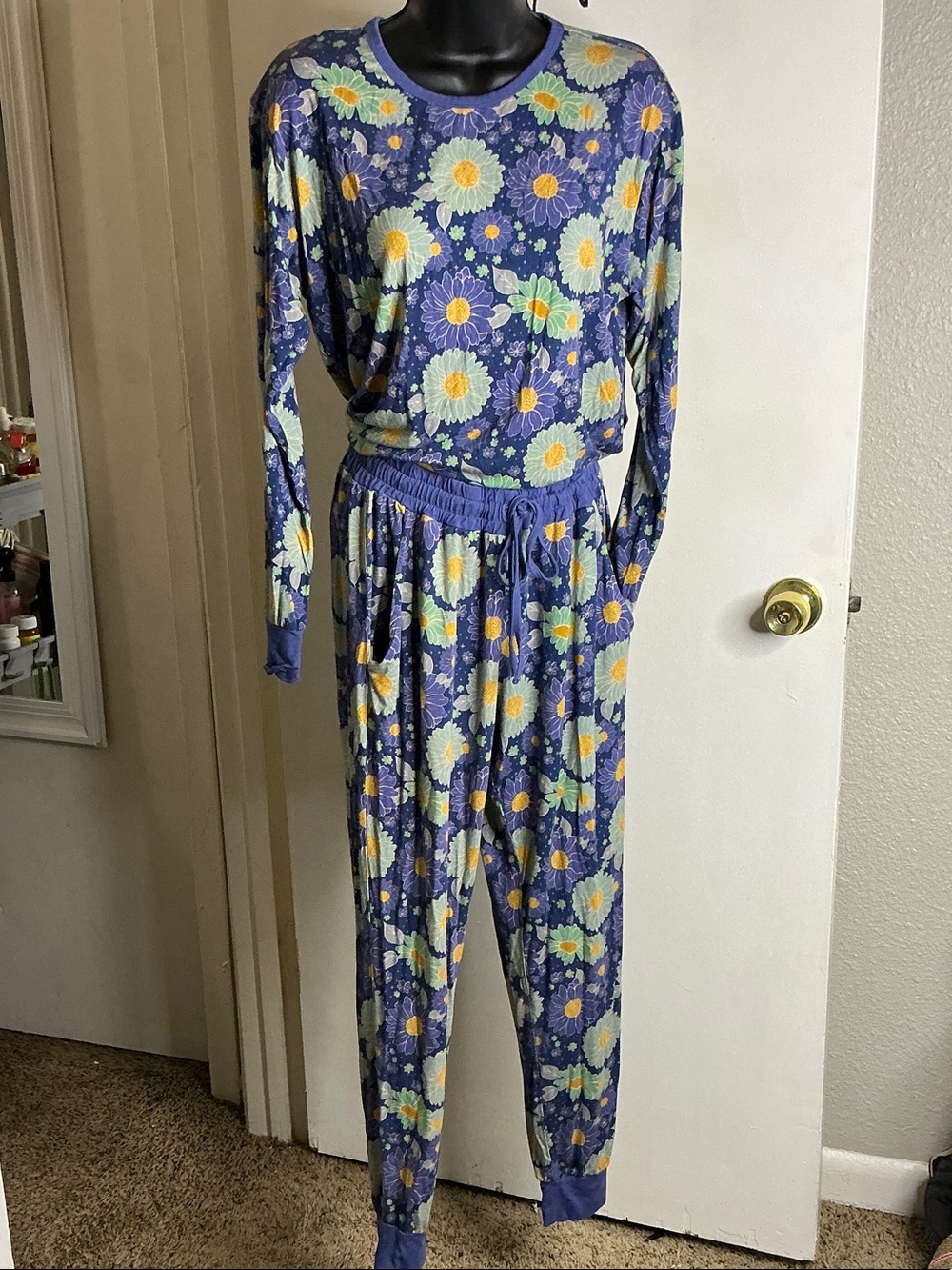 Purple Floral Long-Sleeve Drawstring Jumpsuit